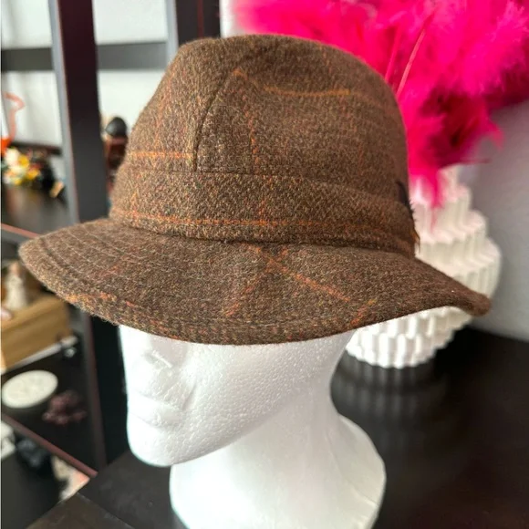 Vintage Irish Brown Tweed Plaid Hat with Feather